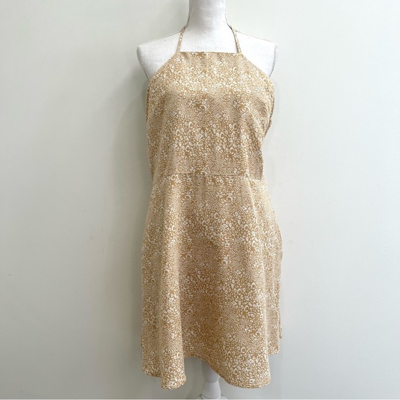 Gap Halter-Neck Mini Dress Linen Cotton Blend Tan Cheetah Print Y2K Size 14 - Picture 2 of 10